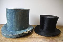 19th Century Swedish Blue Papier Mâché Top Hat Box and Top Hat