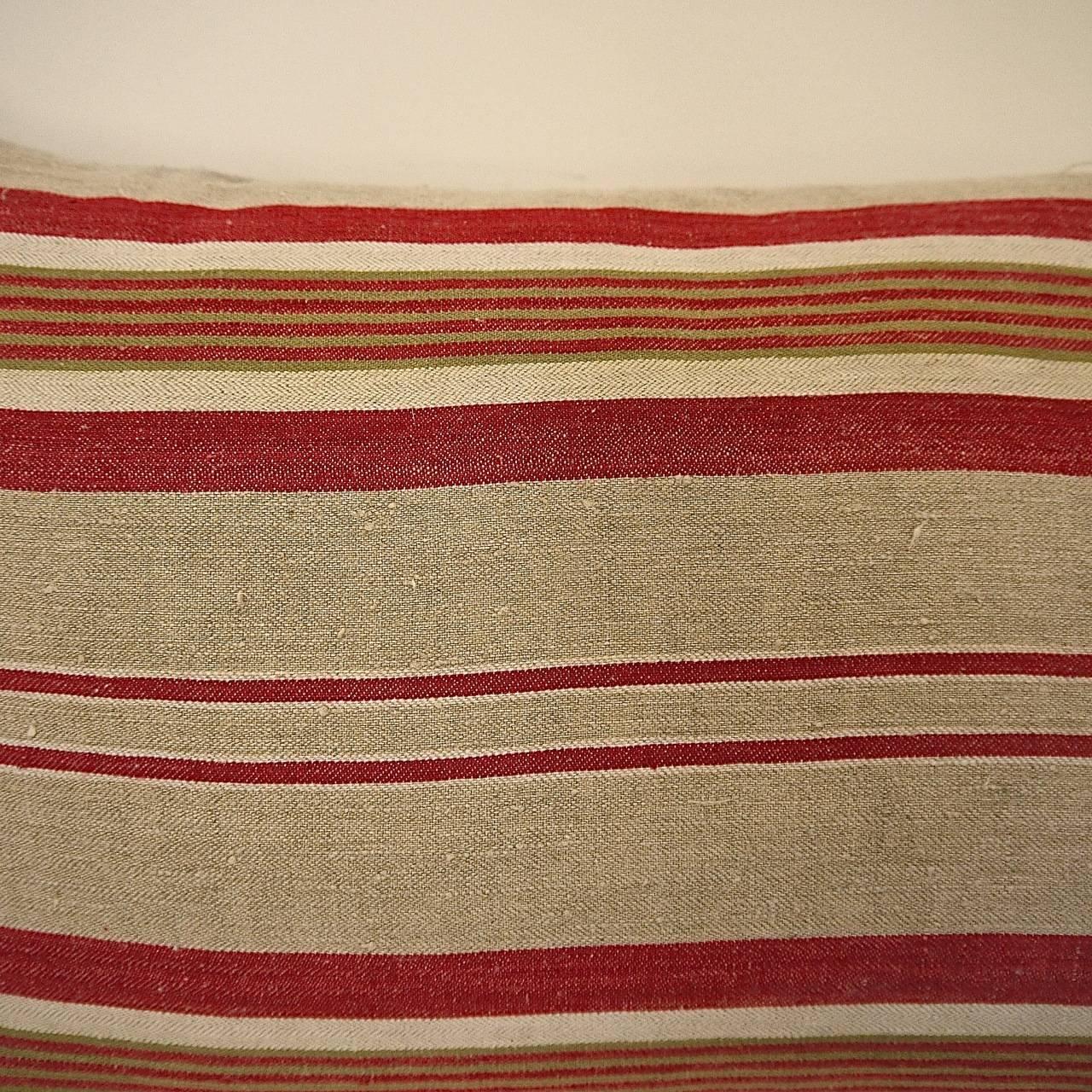 Antique French Red Beige Green Striped Linen Ticking Pillow In Good Condition In London, GB