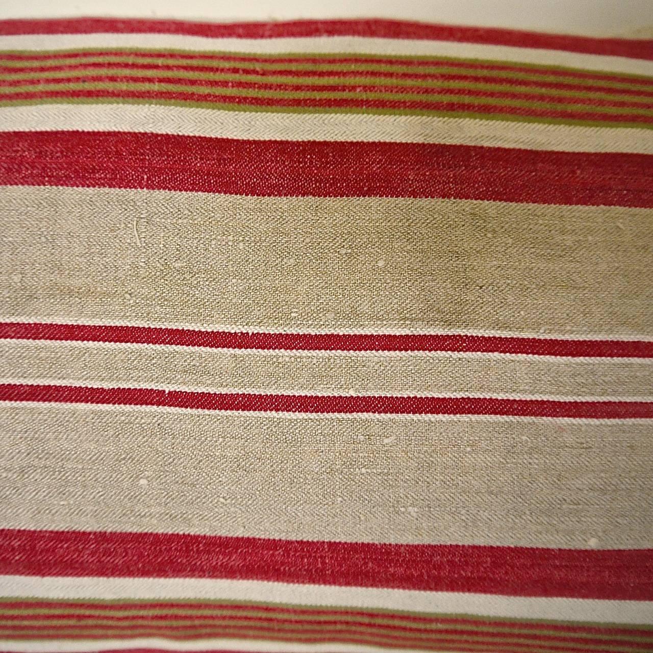 20th Century Antique French Red Beige Green Striped Linen Ticking Pillow
