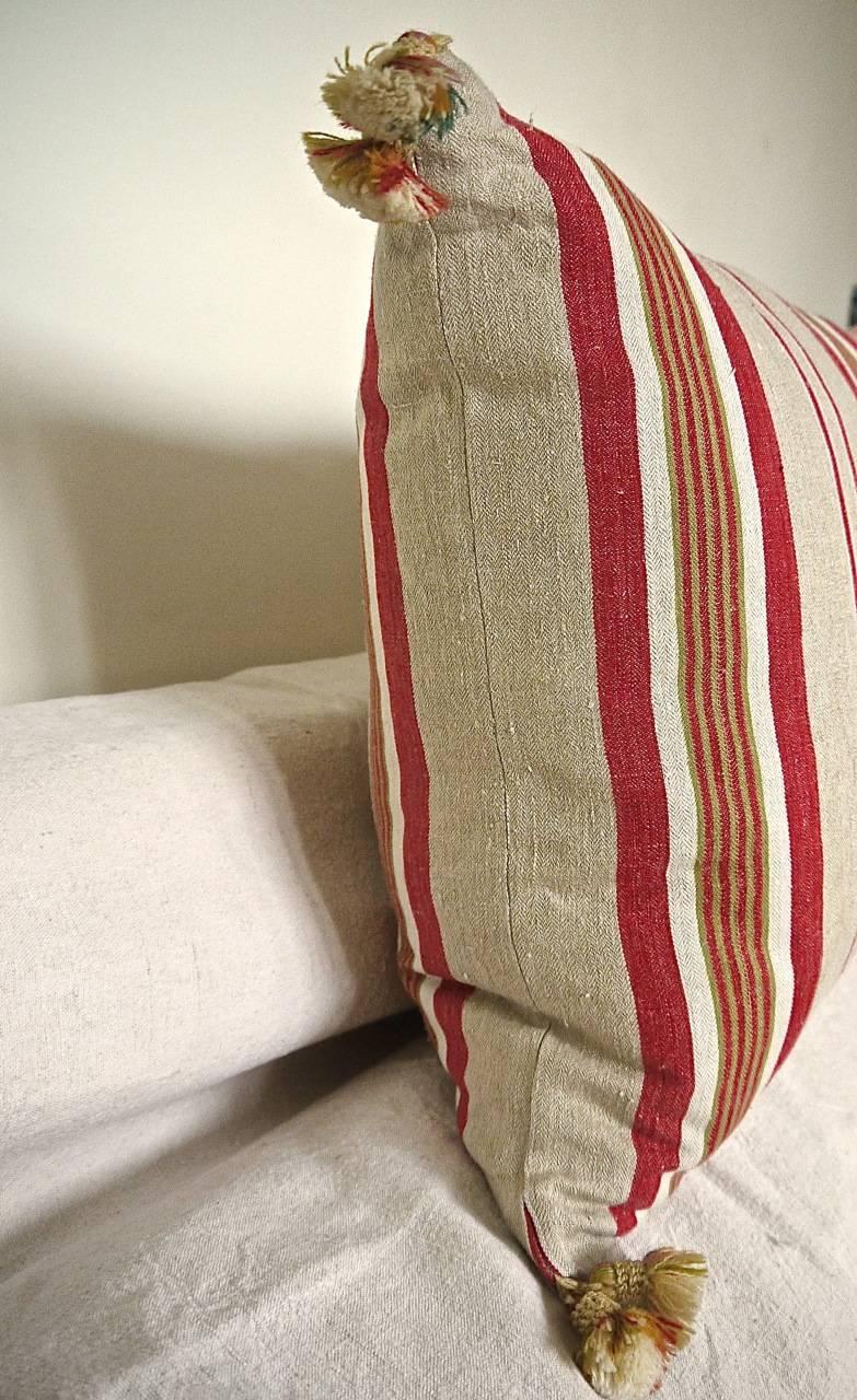 French Provincial Antique French Red Beige Green Striped Linen Ticking Pillow with Tassels