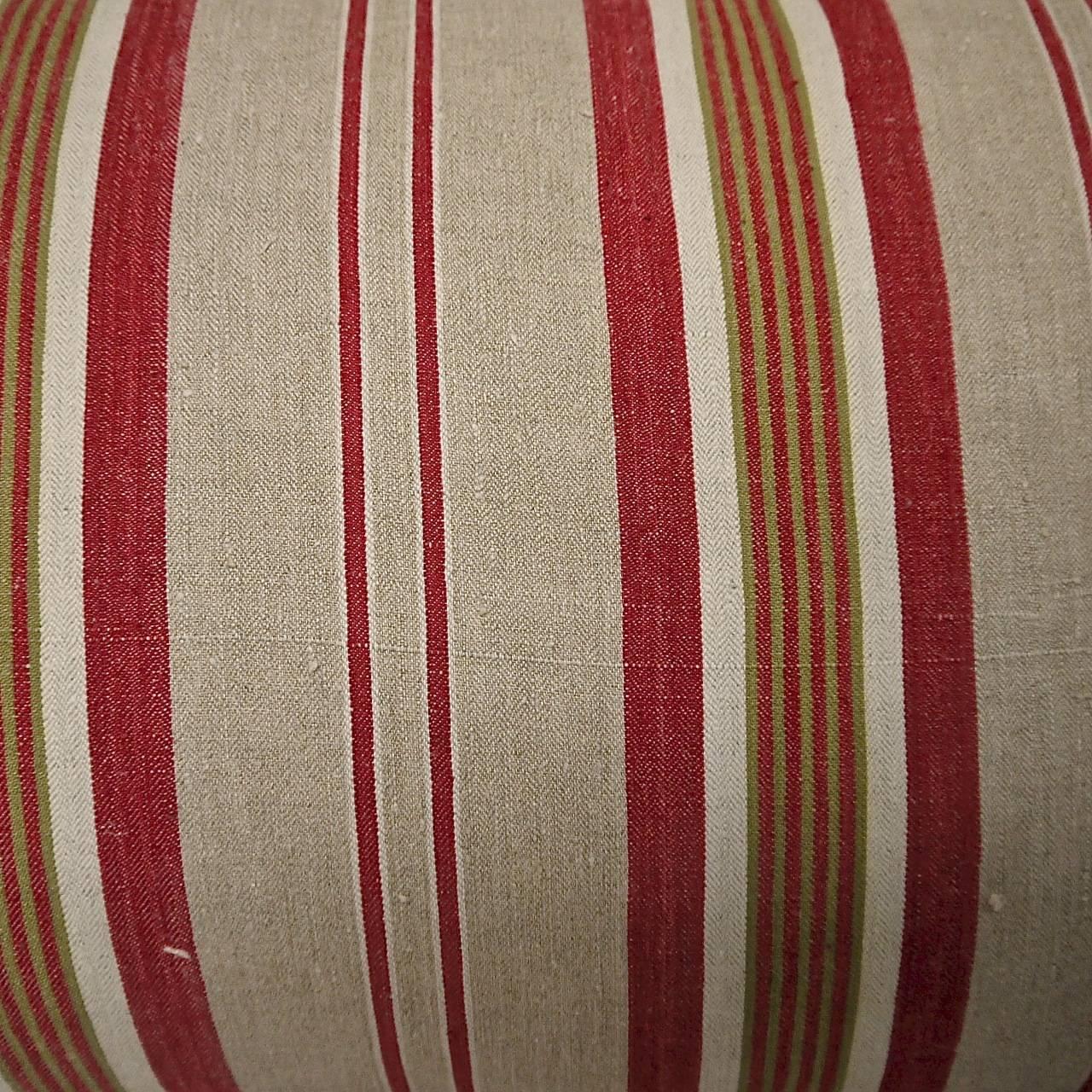 Woven Antique French Red Beige Green Striped Linen Ticking Pillow with Tassels