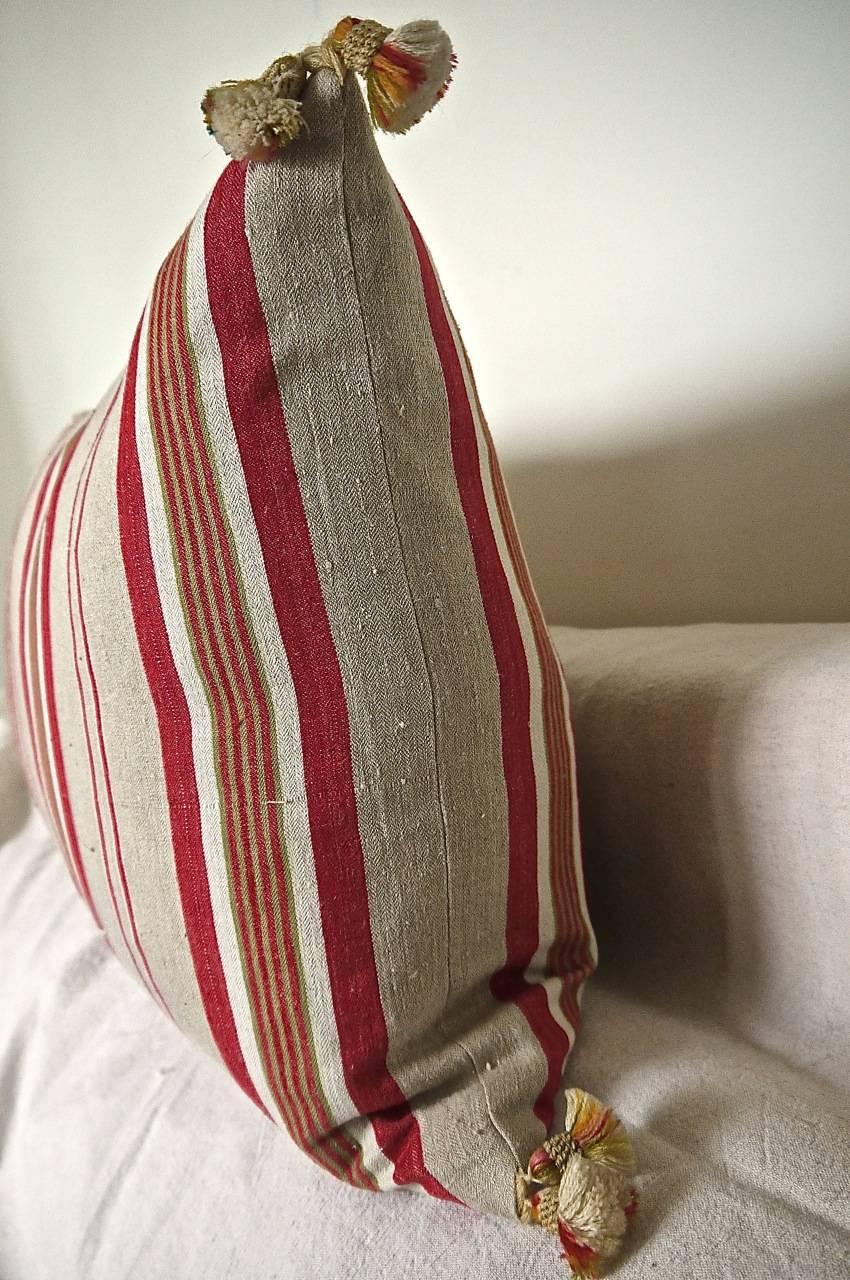 Antique French Red Beige Green Striped Linen Ticking Pillow with Tassels In Good Condition In London, GB