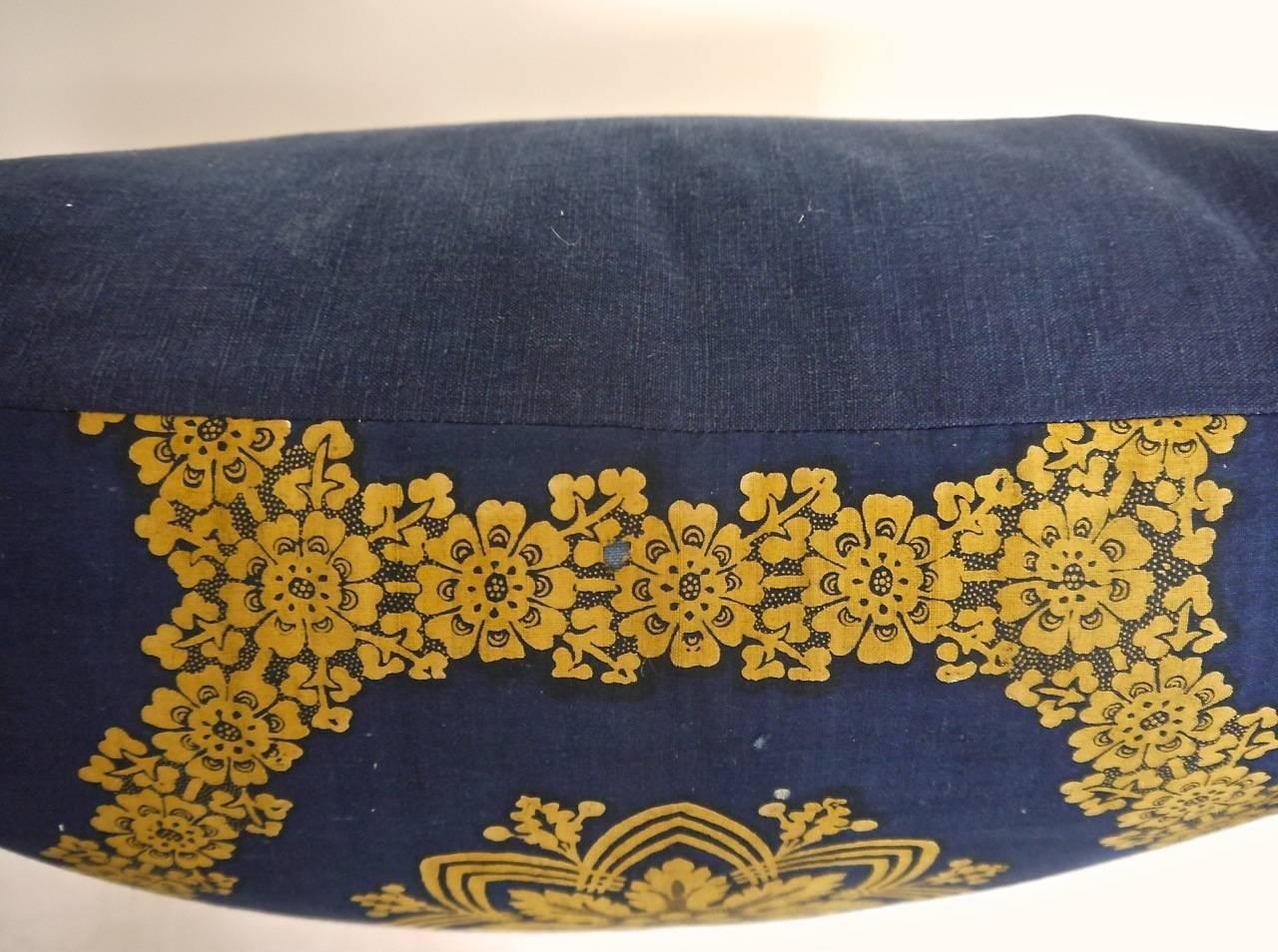 19th Century French Empire Antique Saffron Yellow Indigo Resist Cotton Pillow 1