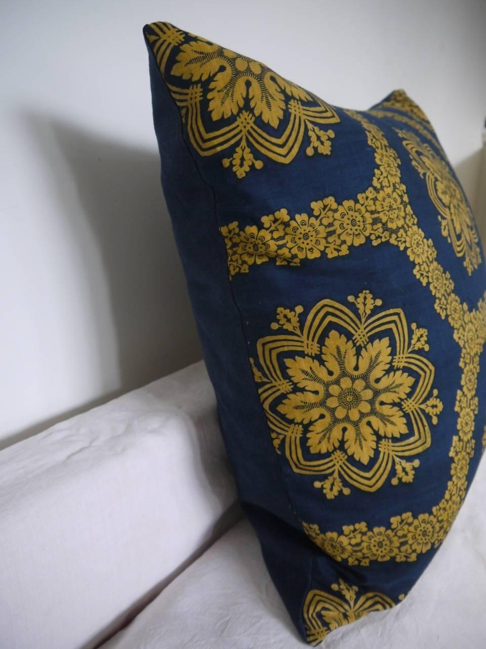 19th Century French Empire Antique Saffron Yellow Indigo Resist Cotton Pillow 2