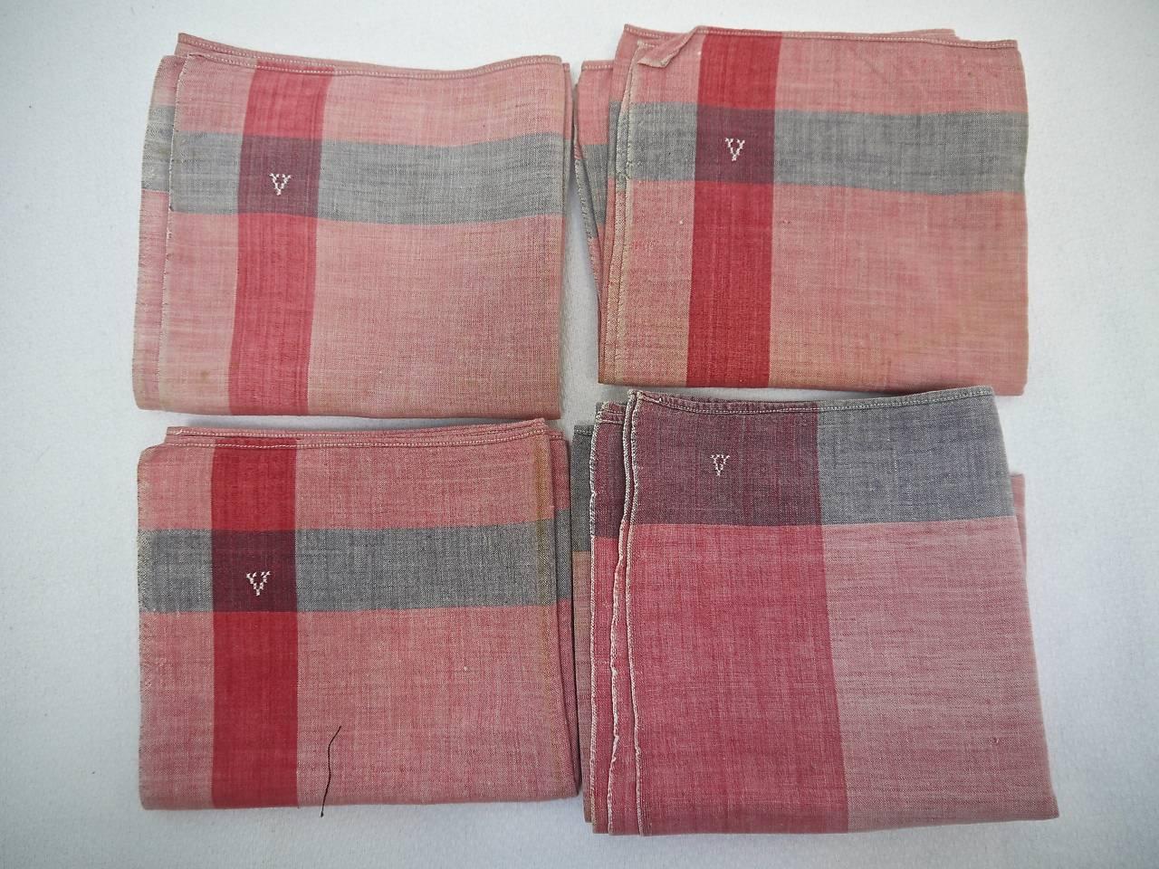 Set of Four French 1900s Faded Indigo and Red Cotton Mouchoirs Handkerchiefs 2