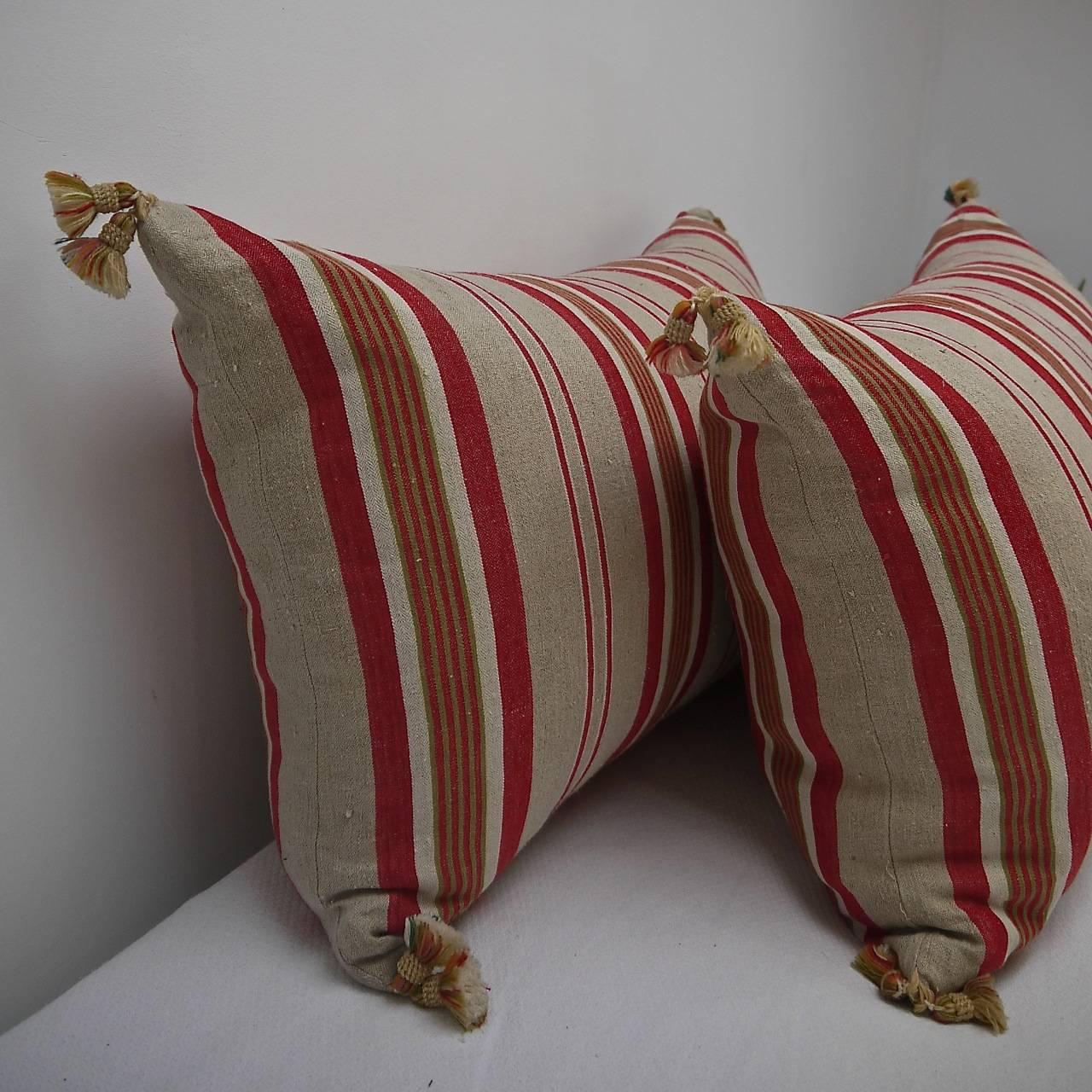 French Provincial Pair of Early 20th Century French Striped Ticking Linen Pillows