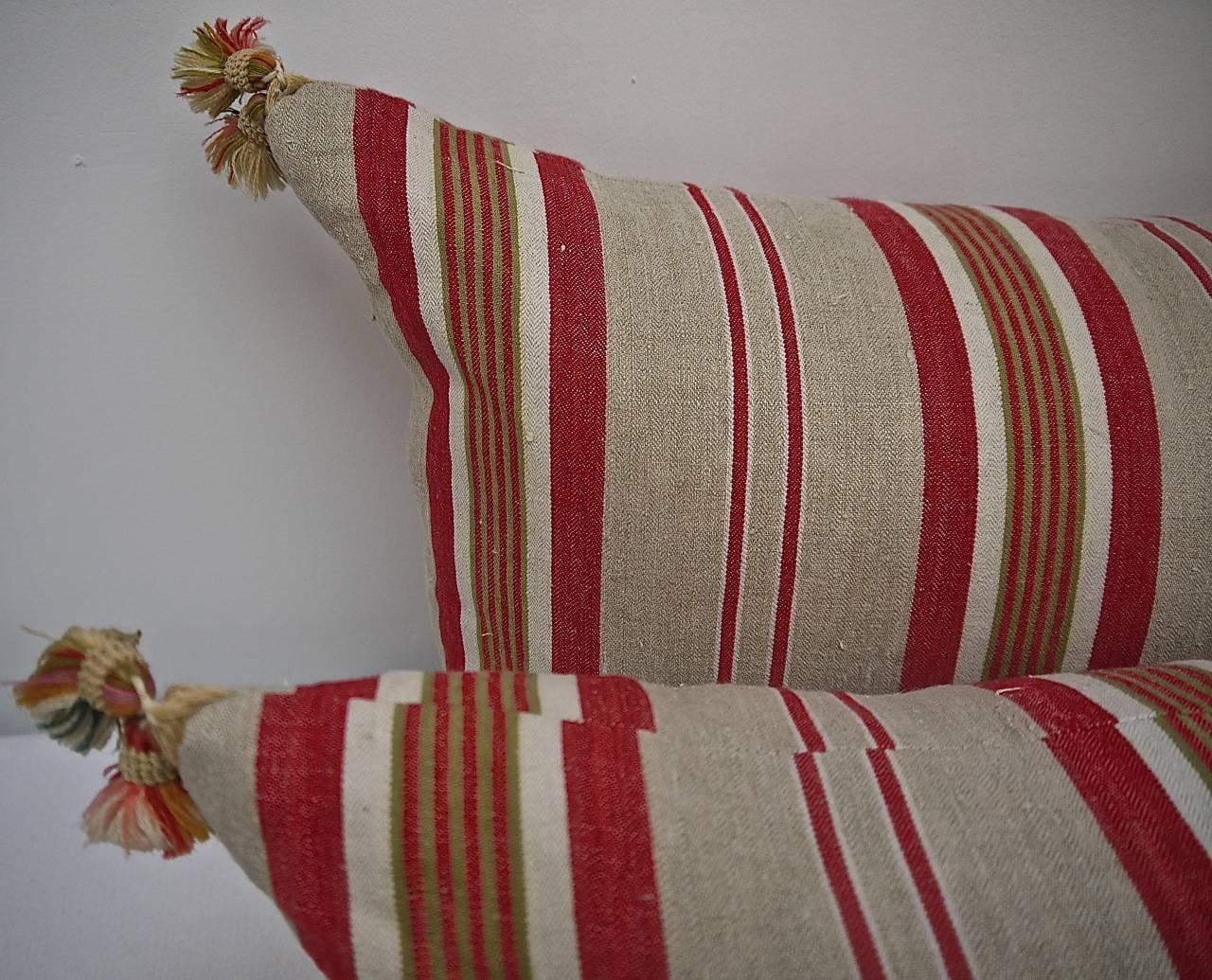 Wool Pair of Early 20th Century French Striped Ticking Linen Pillows