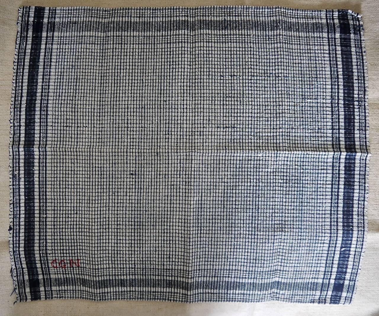 Rustic French 19th Century Monogrammed Indigo Checked Linen Square For Sale