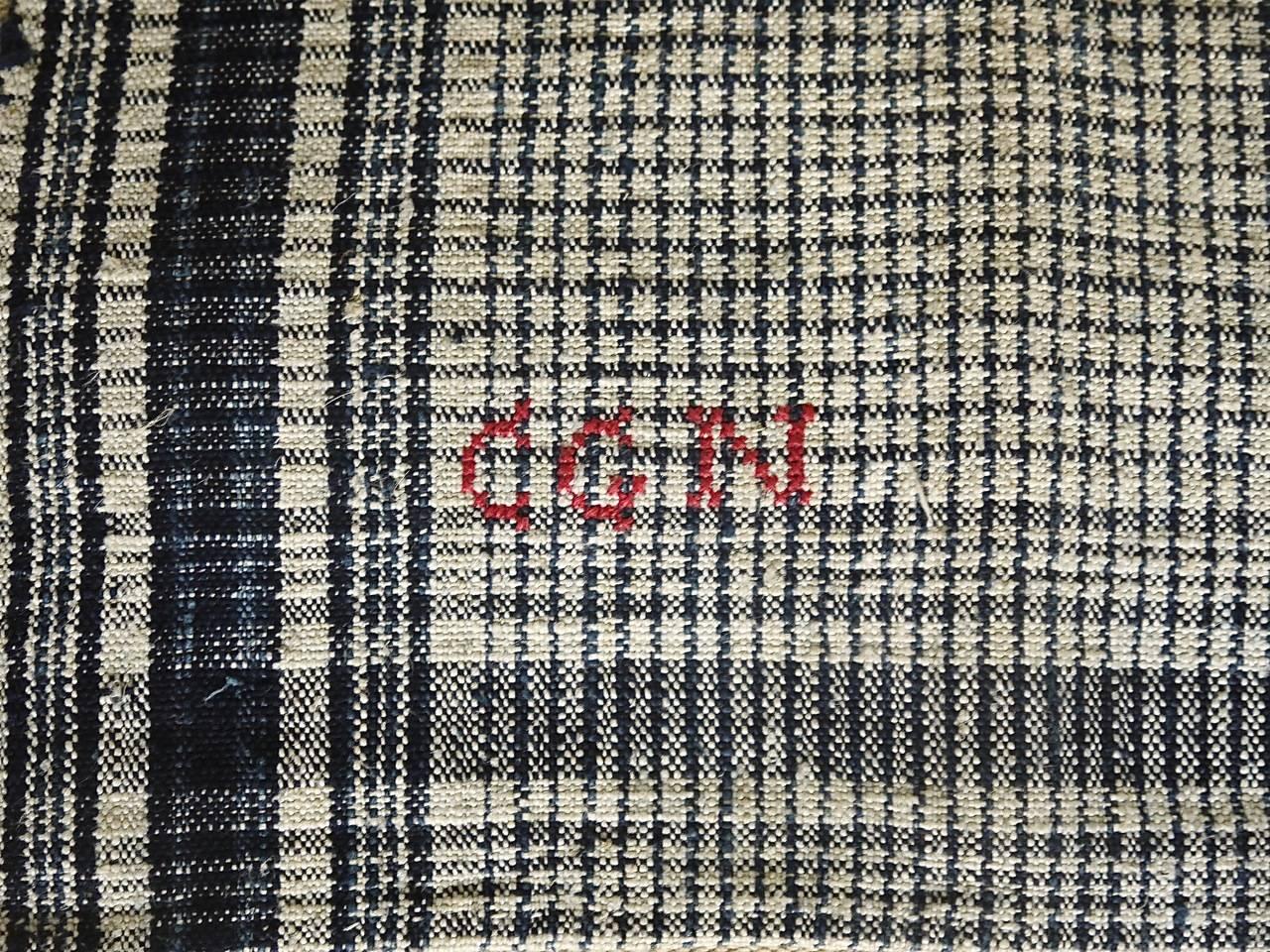 Woven French 19th Century Monogrammed Indigo Checked Linen Square For Sale