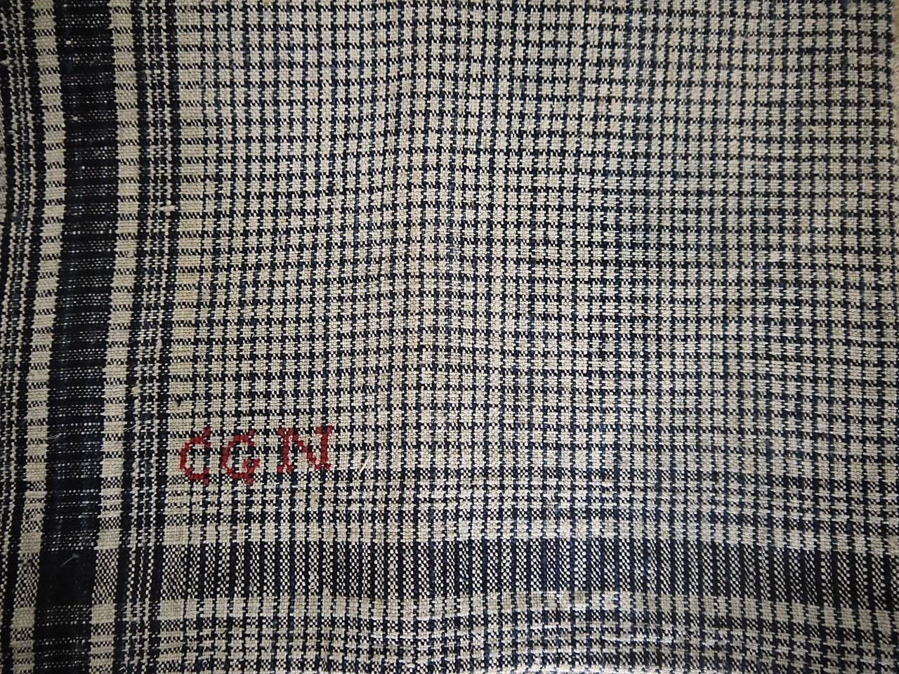 French 19th Century Monogrammed Indigo Checked Linen Square For Sale 1