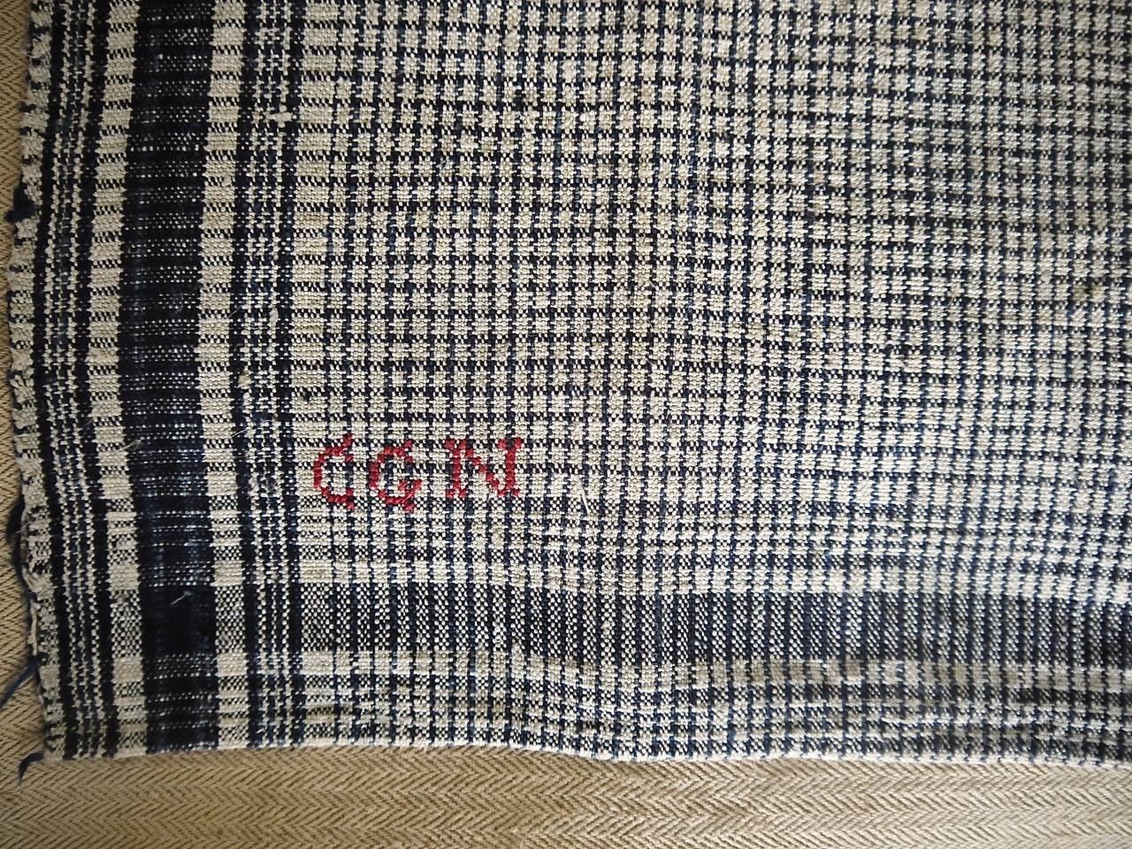 French 19th Century Monogrammed Indigo Checked Linen Square For Sale 2