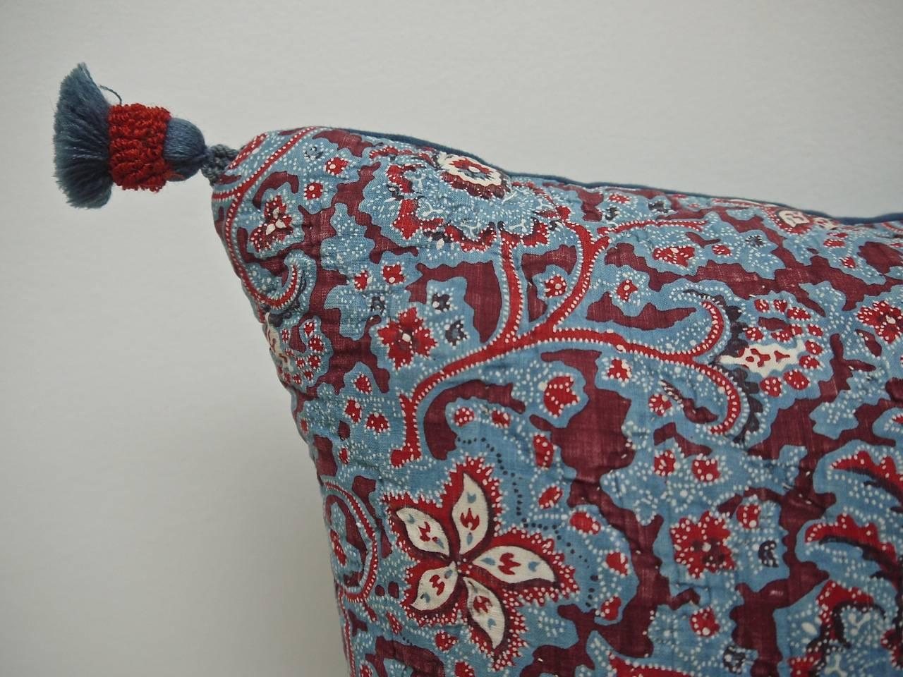 Quilted Early 19th Century Antique French Block Printed Pillow with Tassels