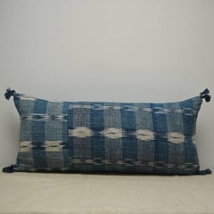 Early 19th Century French Faded Indigo Flamme Ikat Linen and Cotton Pillow
