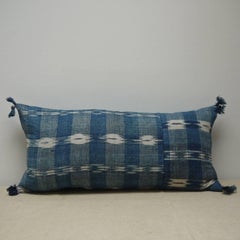 Early 19th Century French Faded Indigo Flamme Ikat Linen and Cotton Pillow