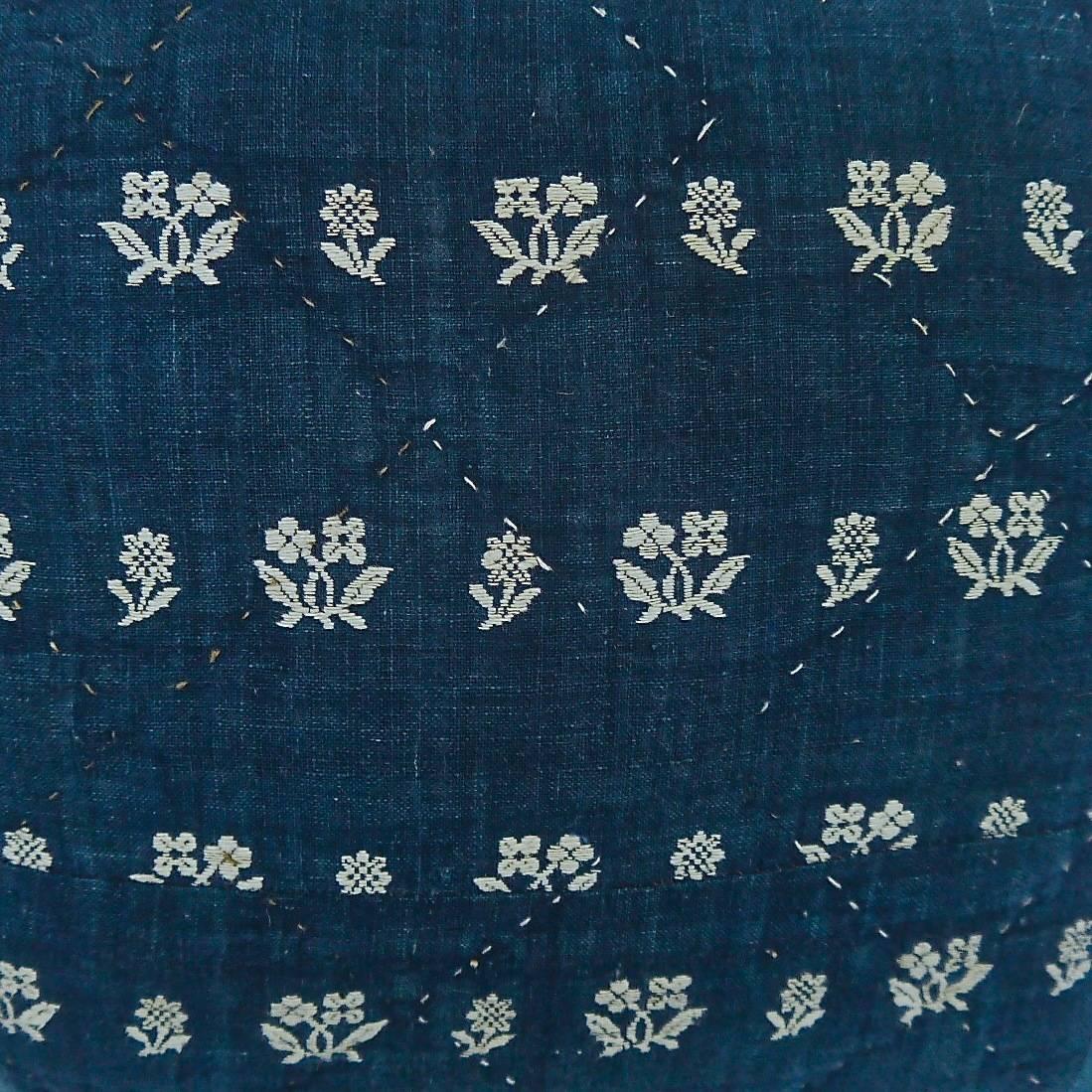 French Provincial 18th Century French Antique Indigo Woven Floral Linen Pillows