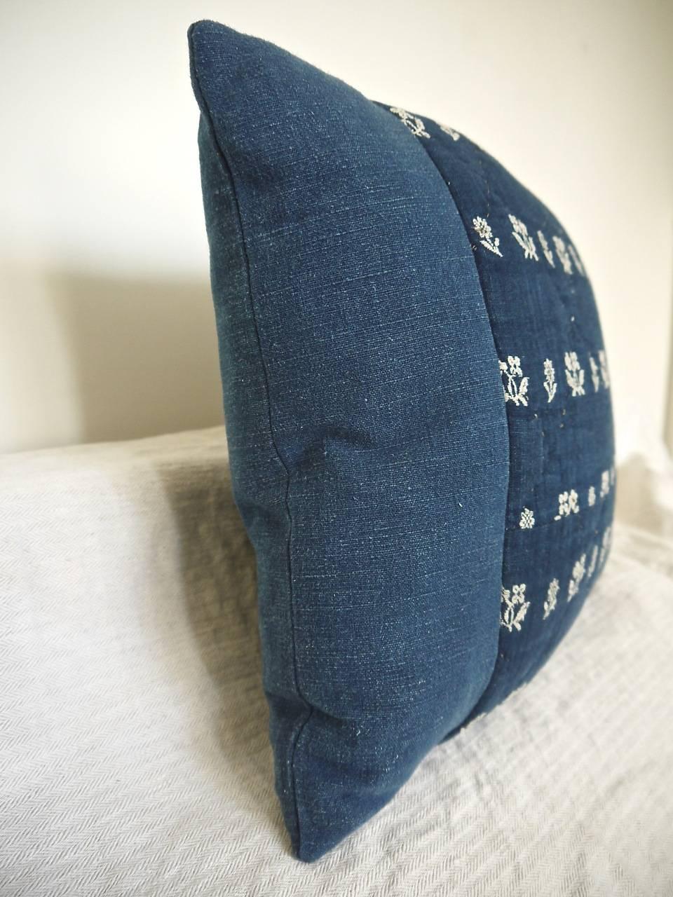 Quilted 18th Century French Antique Indigo Woven Floral Linen Pillows