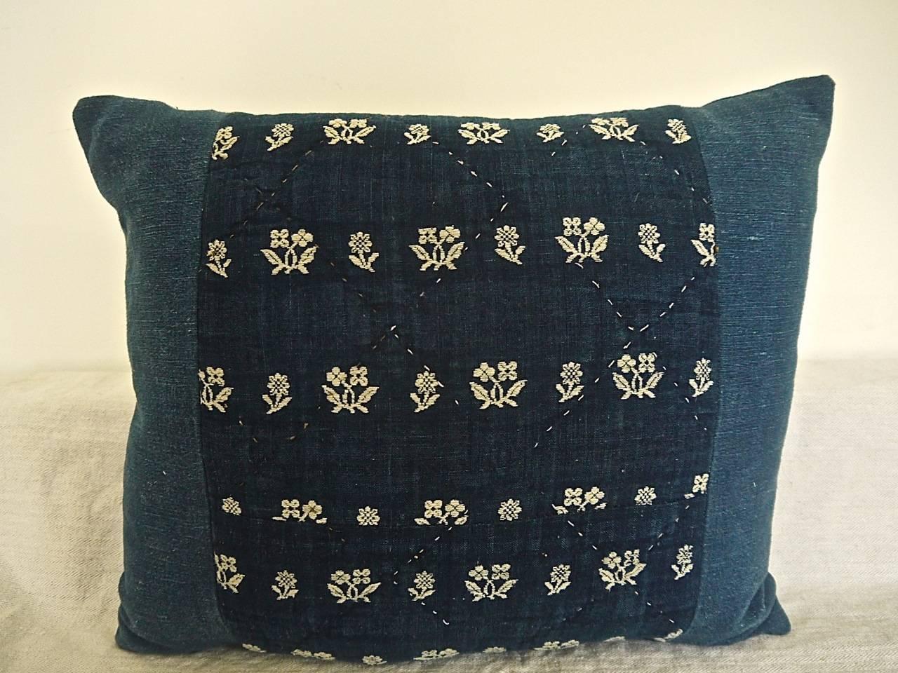 Wool 18th Century French Antique Indigo Woven Floral Linen Pillows