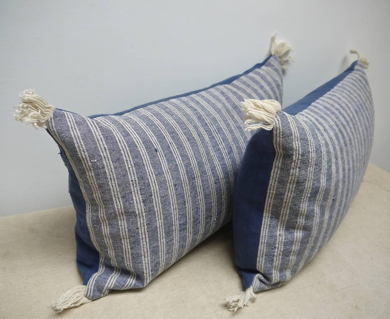 French Provincial Pair of French 19th Century Antique Blue Striped Cotton Pillows