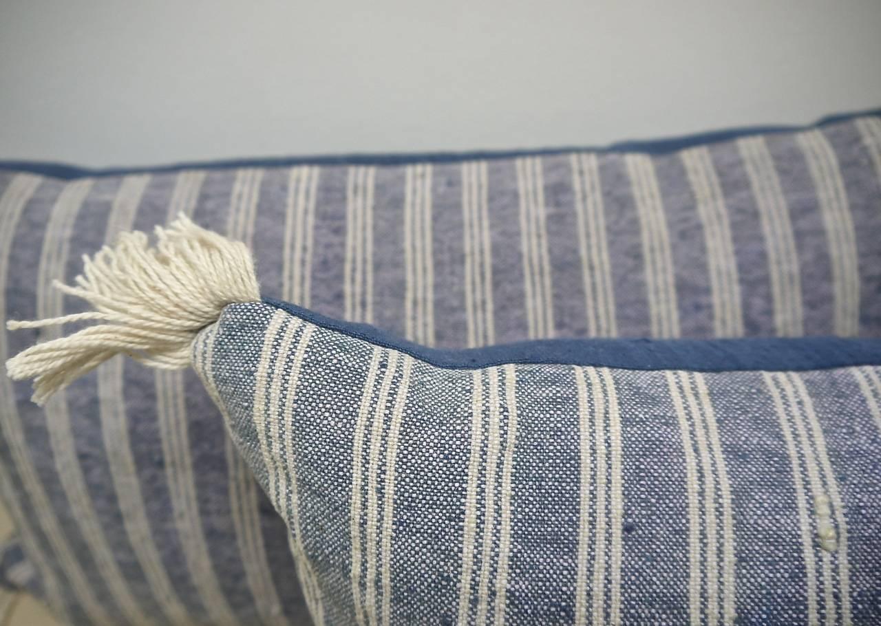 Wool Pair of French 19th Century Antique Blue Striped Cotton Pillows