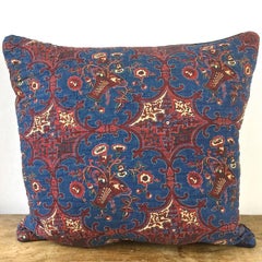 Block Printed with Baskets of Brown Flowers Blue cotton Pillow French c.1809