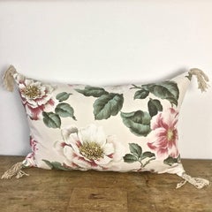 1950s-1960s Vintage English Large-Scale Print Magnoliias Cotton Tasselled Pillow