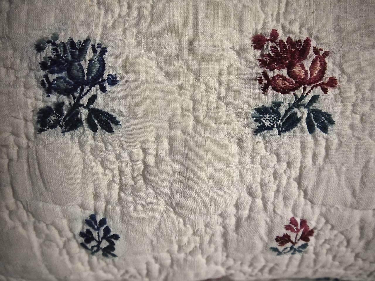 Quilted Late 18th Century French Antique Wool Woven on Linen Flower Motif Pillow