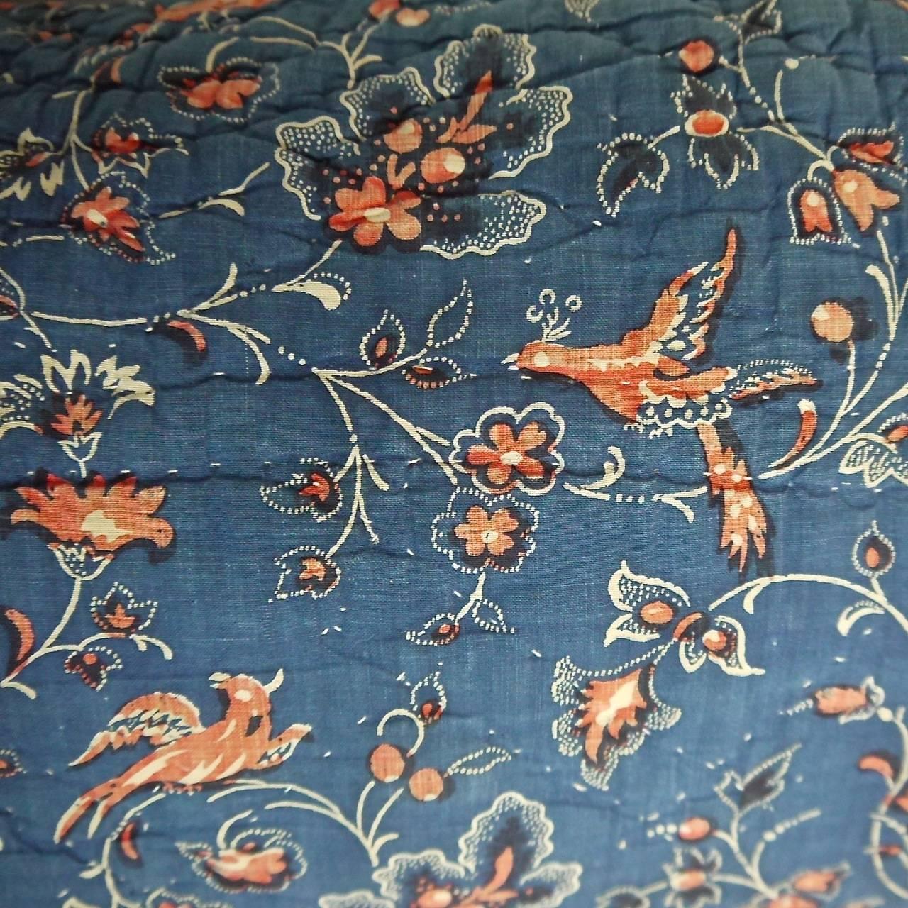 French Provincial Early 19th Century French Blockprinted Indigo Resist and Red Birds  Pillow
