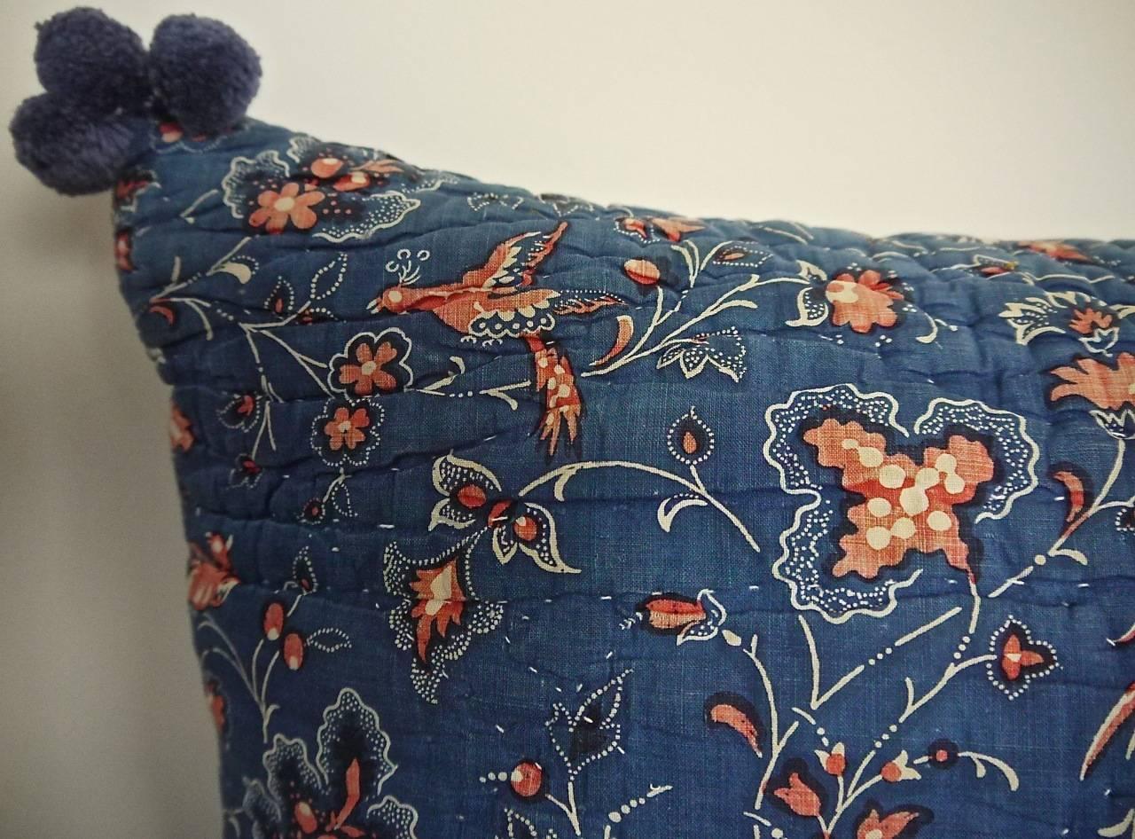 Quilted Early 19th Century French Blockprinted Indigo Resist and Red Birds  Pillow