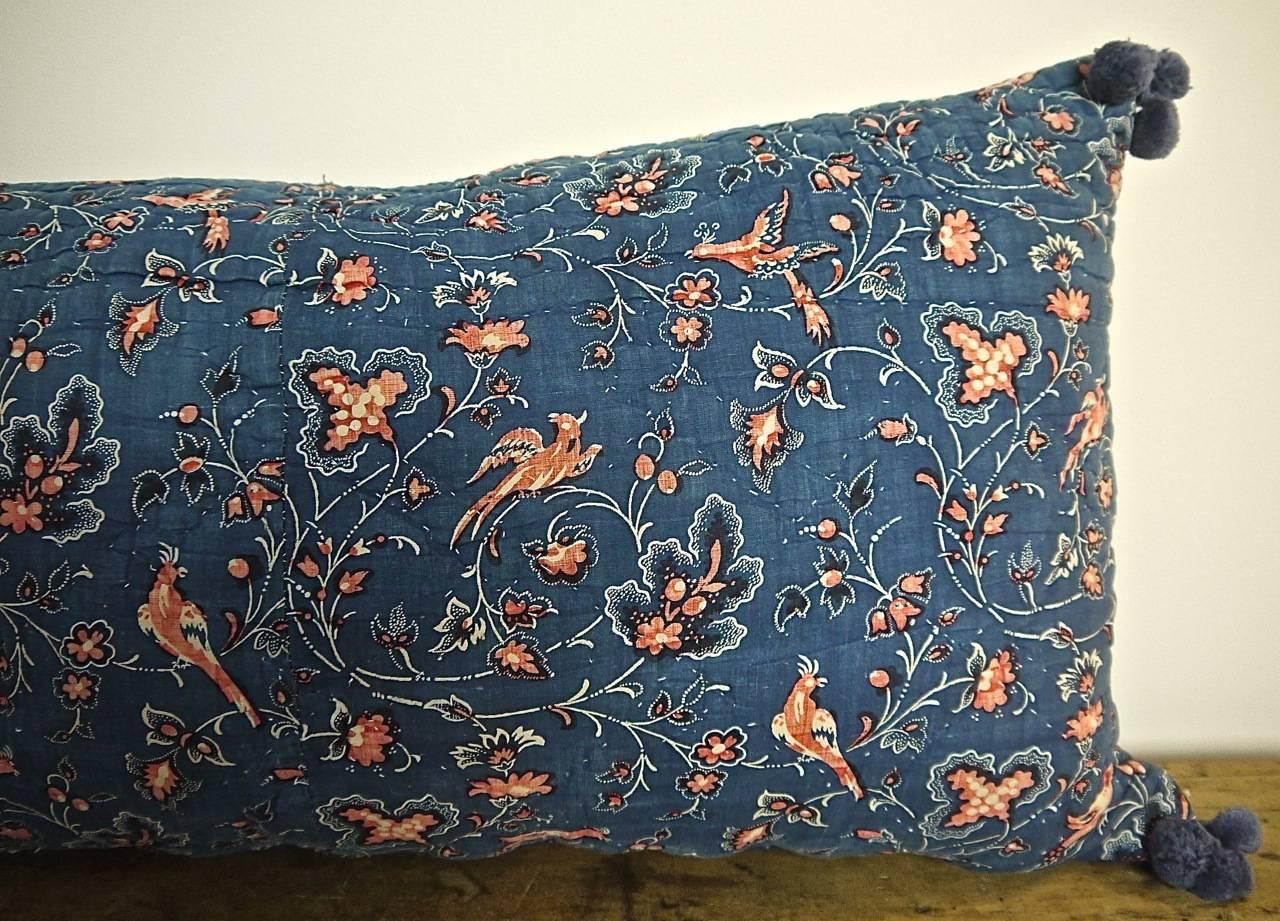 Cotton Early 19th Century French Blockprinted Indigo Resist and Red Birds  Pillow