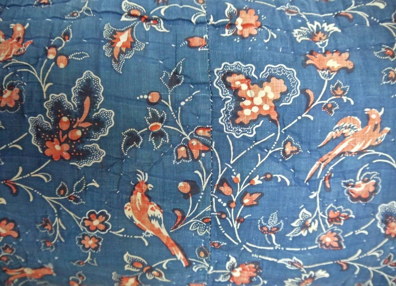 Early 19th Century French Blockprinted Indigo Resist and Red Birds  Pillow 1