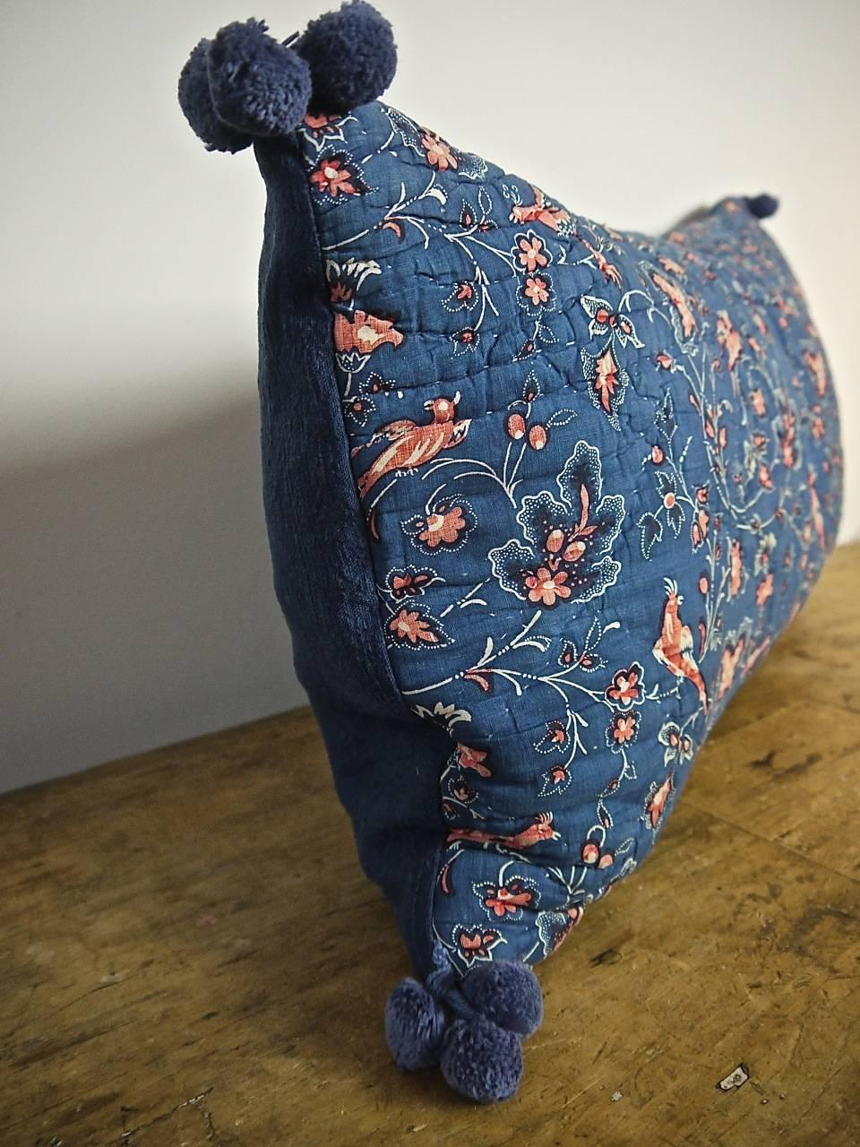 Early 19th Century French Blockprinted Indigo Resist and Red Birds  Pillow 2