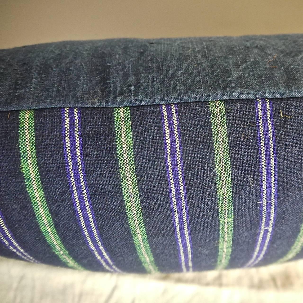 Country  Striped Indigo Green Purple Pillow French antique 19th century