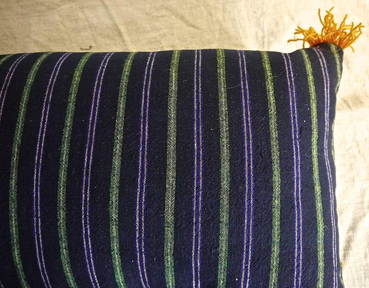  Striped Indigo Green Purple Pillow French antique 19th century In Good Condition In London, GB