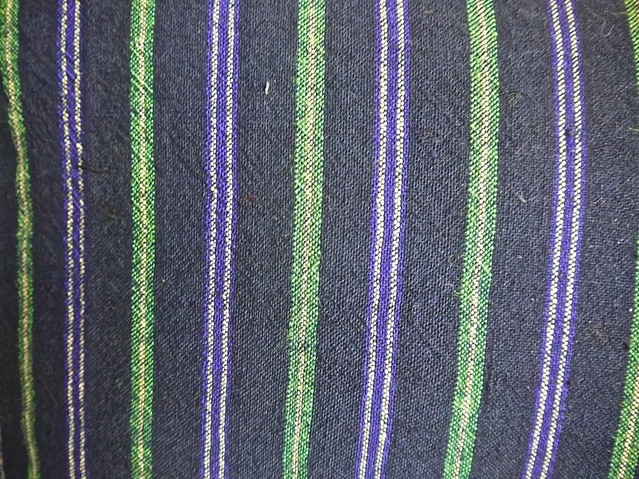19th Century  Striped Indigo Green Purple Pillow French antique 19th century