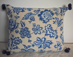 French Printed Cotton Blue and White Floral Pillow, circa 1930s