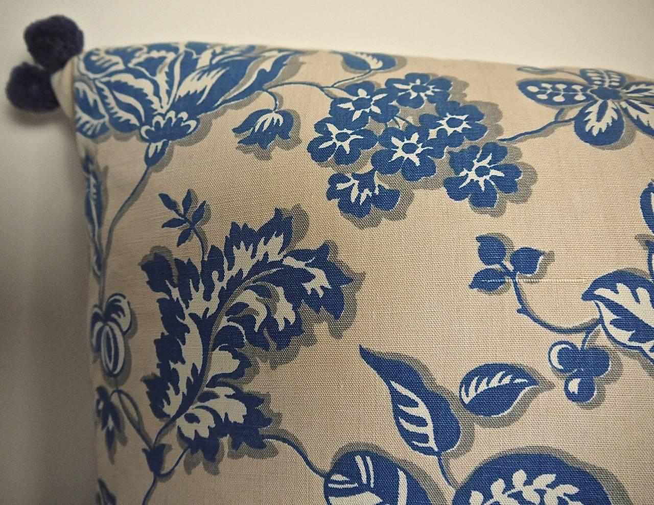 20th Century French Printed Cotton Blue and White Floral Pillow, circa 1930s For Sale