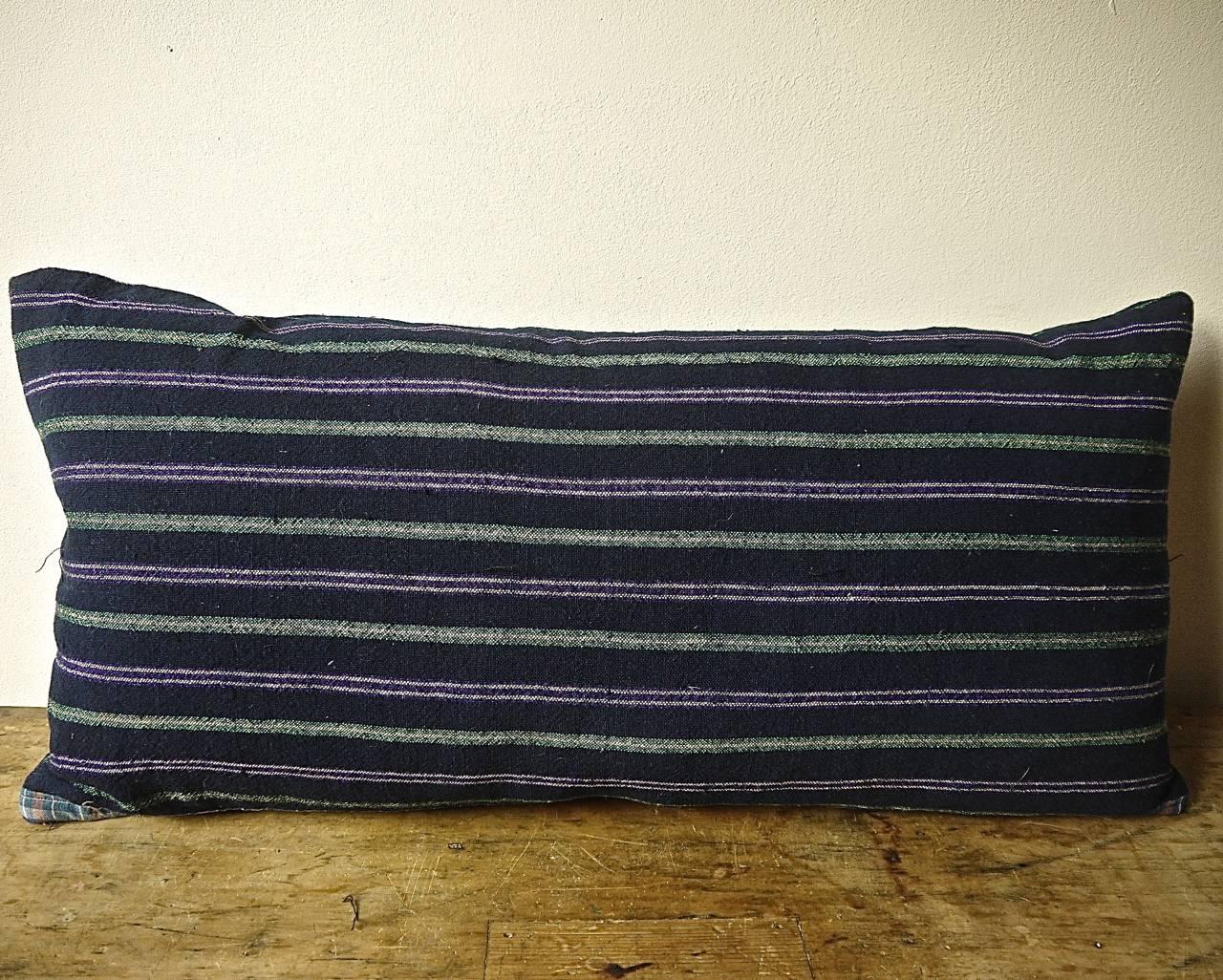 Country indigo Green Purple White Cotton Wool Striped Pillow French c.1860s