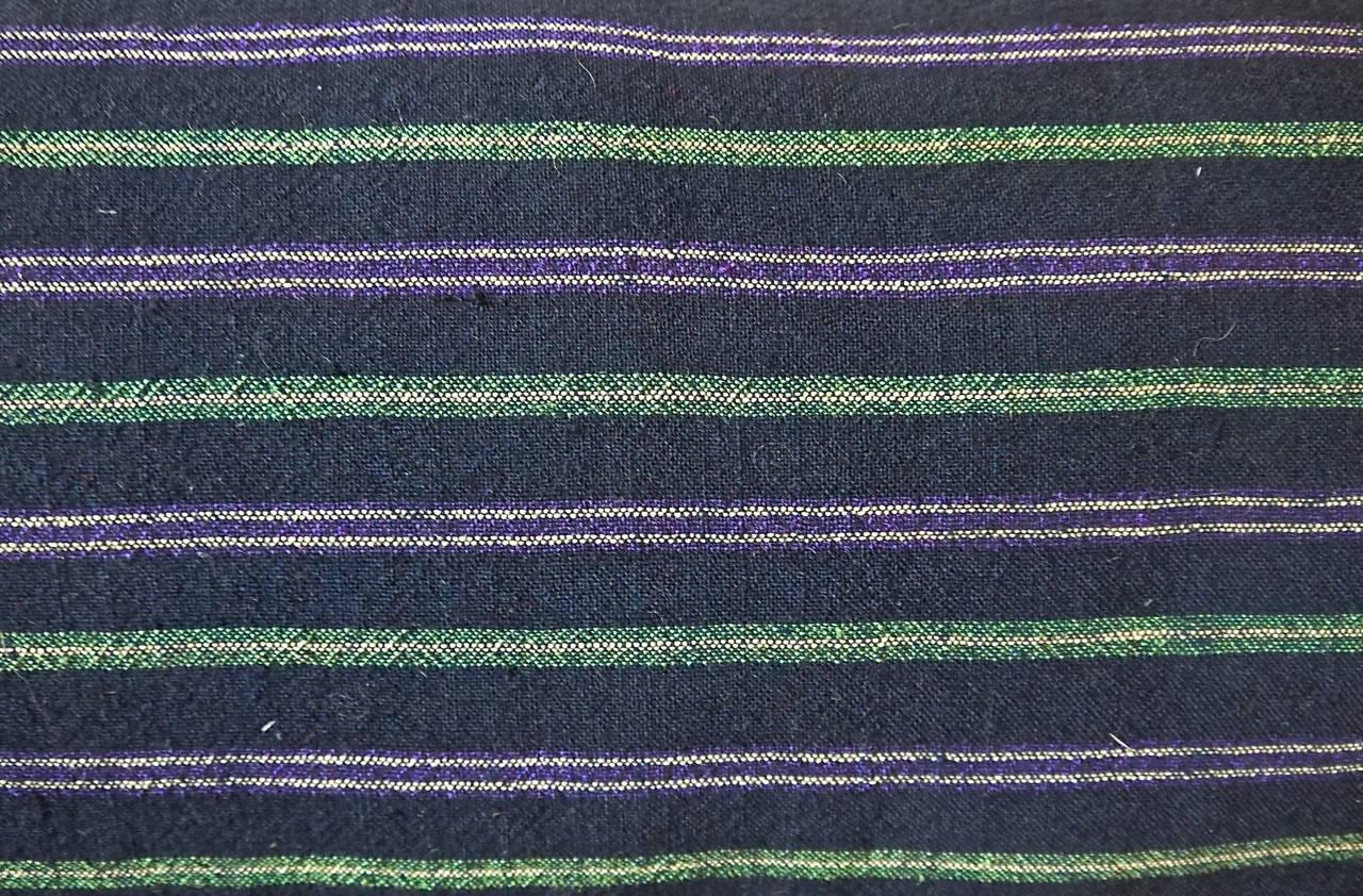 Woven indigo Green Purple White Cotton Wool Striped Pillow French c.1860s