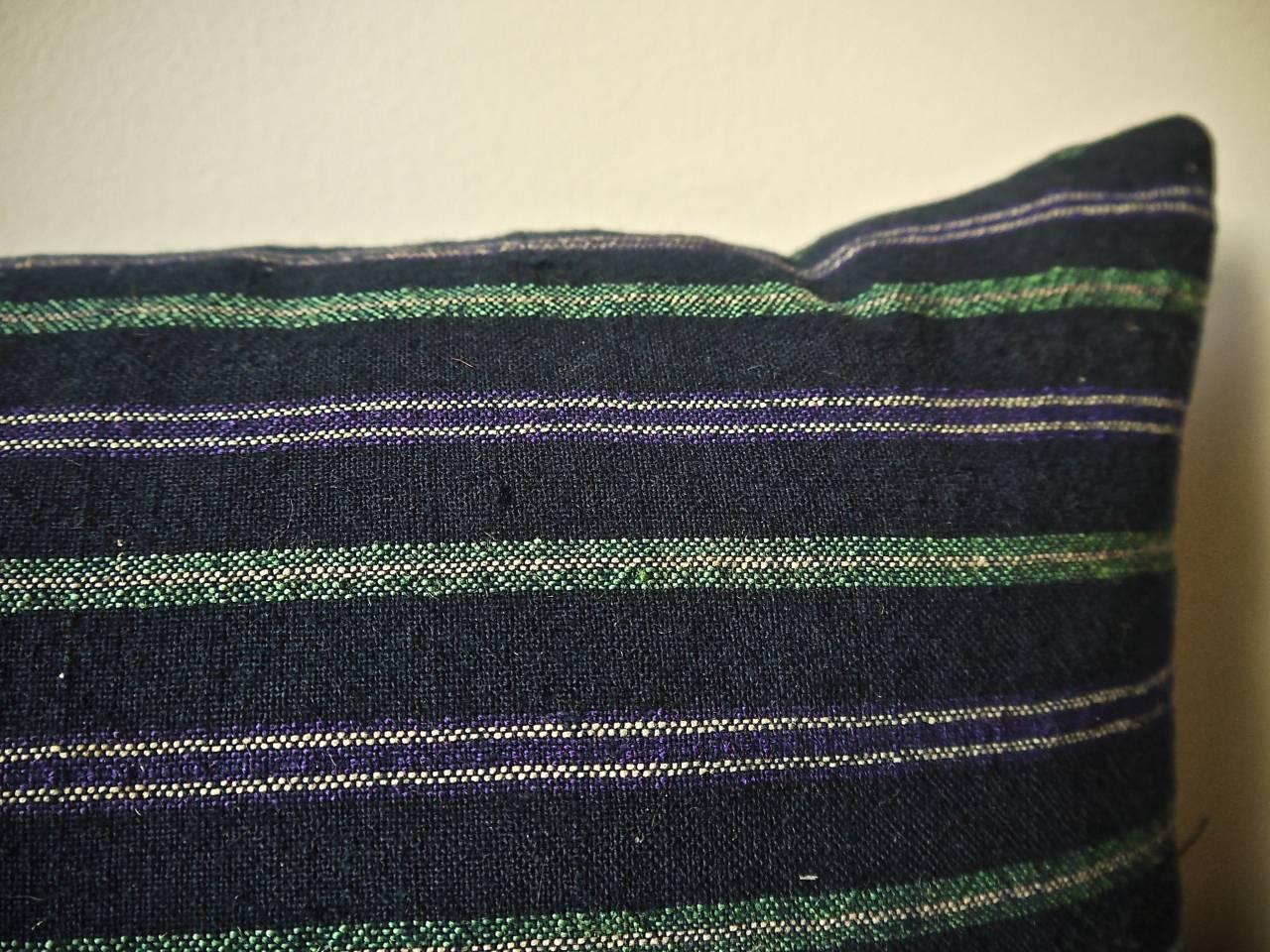 indigo Green Purple White Cotton Wool Striped Pillow French c.1860s In Good Condition In London, GB