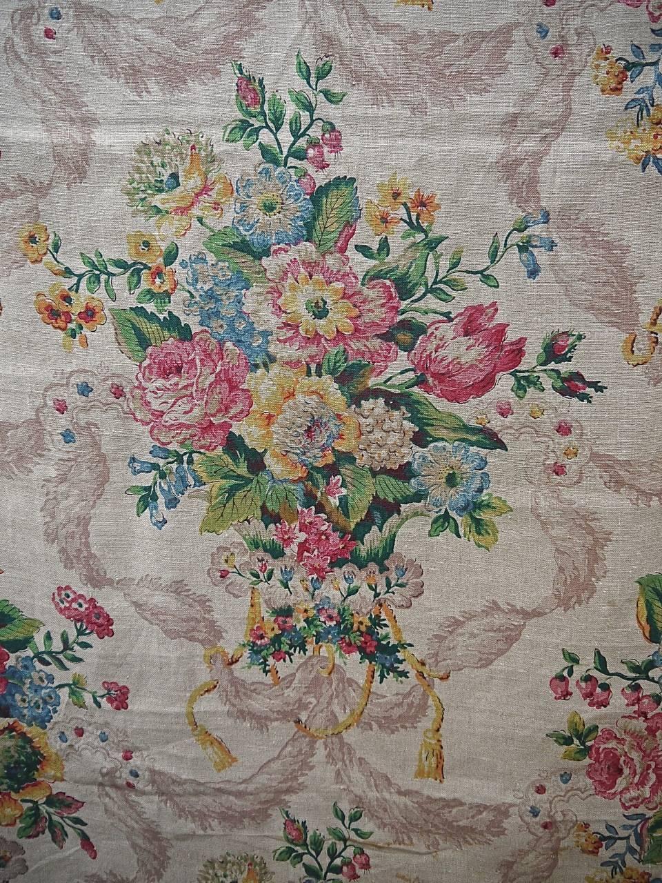 Country English Pair Linen Panels Printedwith Flowers and Swagged Tassels, circa 1920s