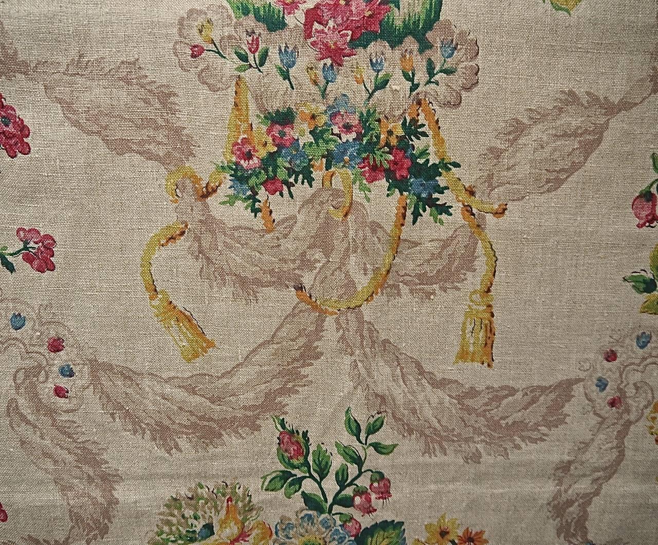 British English Pair Linen Panels Printedwith Flowers and Swagged Tassels, circa 1920s