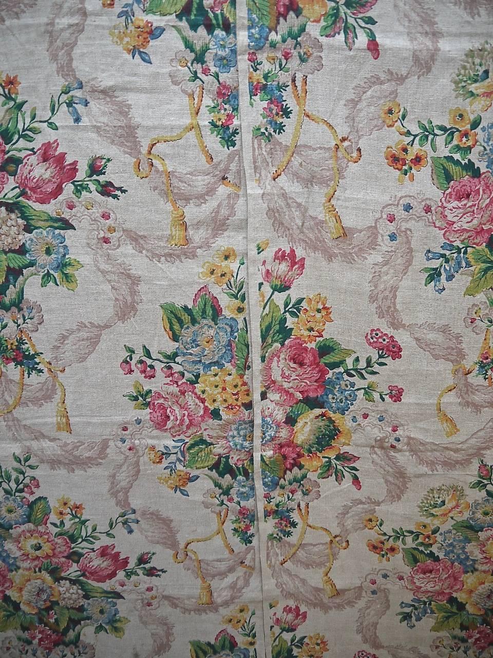 20th Century English Pair Linen Panels Printedwith Flowers and Swagged Tassels, circa 1920s