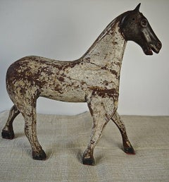 19th Century French Painted Toy Wooden Horse with an Iron Head
