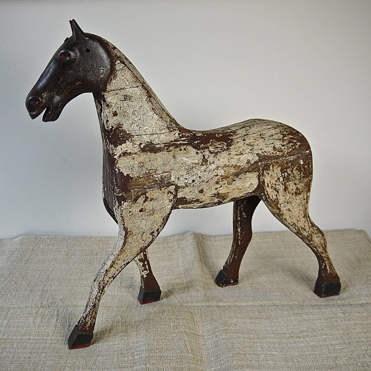 Folk Art 19th Century French Painted Toy Wooden Horse with an Iron Head