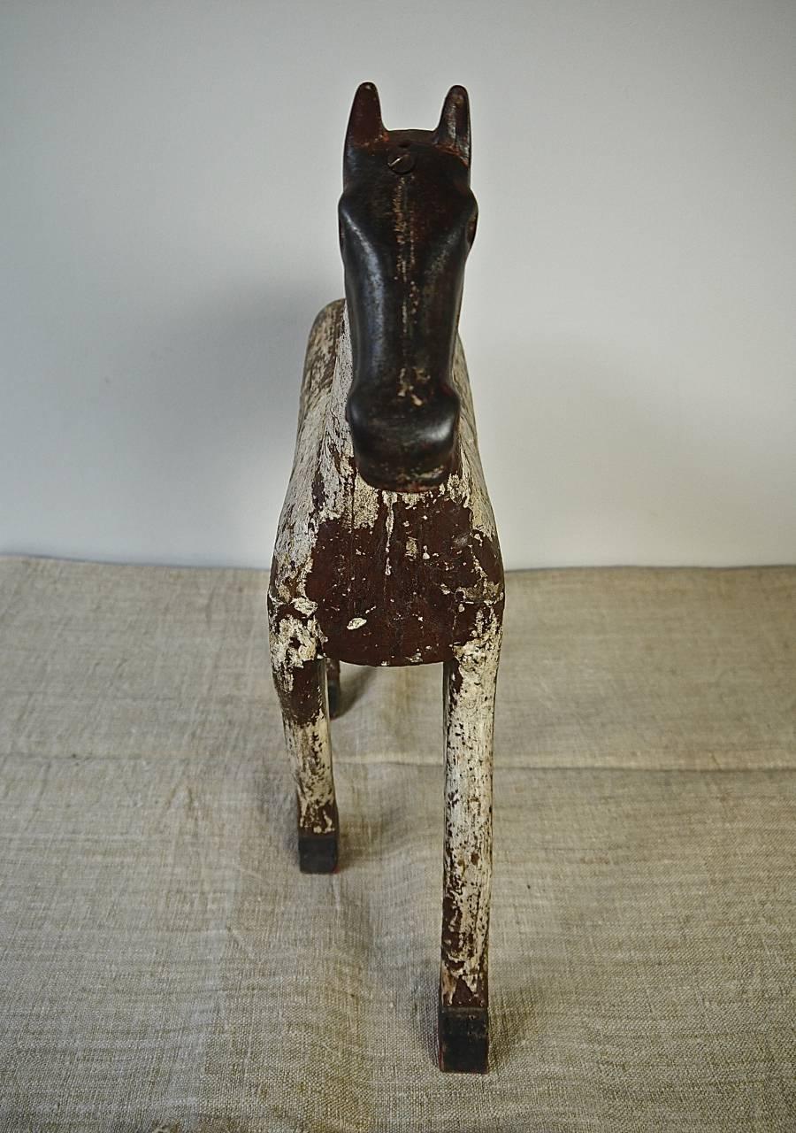19th Century French Painted Toy Wooden Horse with an Iron Head 1