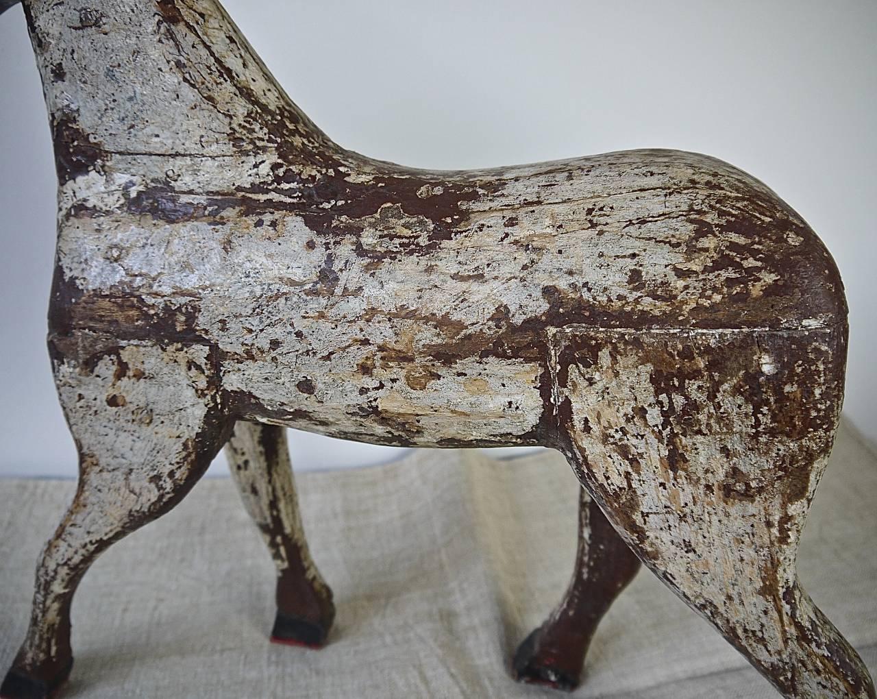 19th Century French Painted Toy Wooden Horse with an Iron Head 2