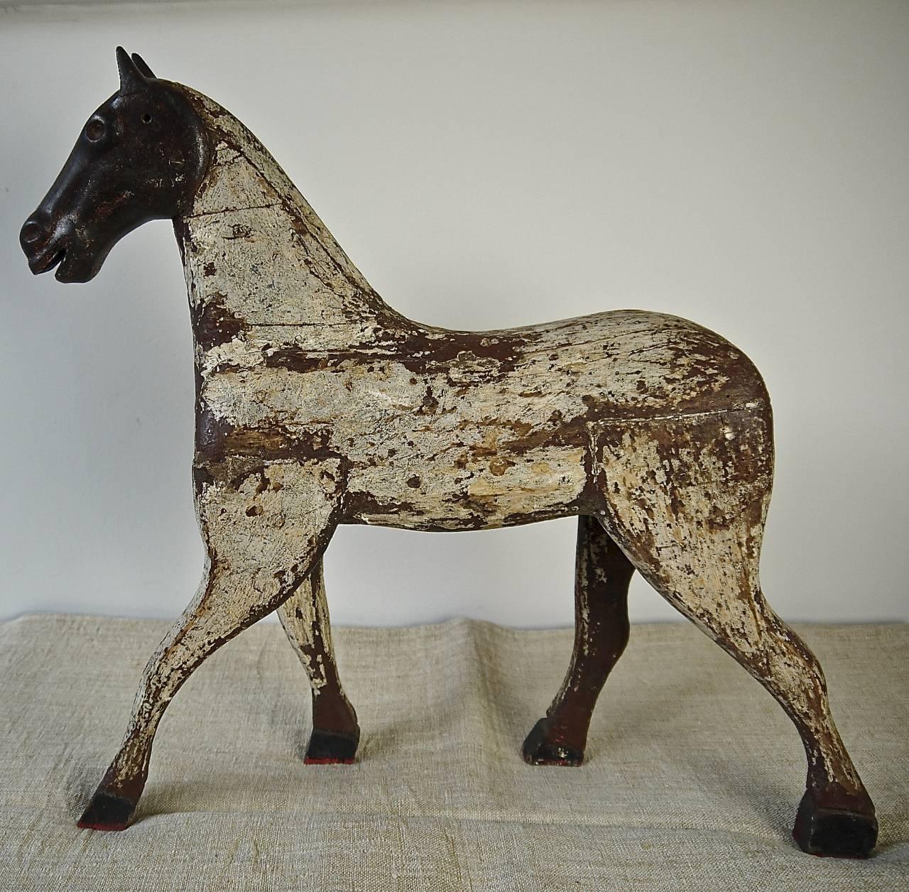 19th Century French Painted Toy Wooden Horse with an Iron Head 5