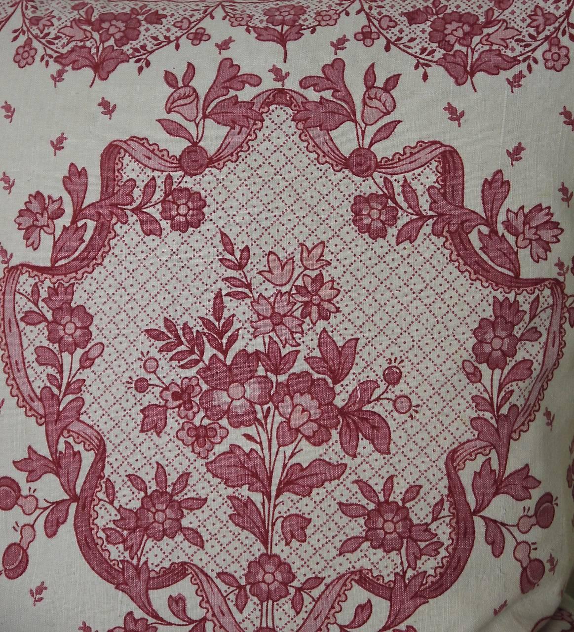 French Provincial  Pretty Red and Pink Floral Linen Pillow Antique French c.1920