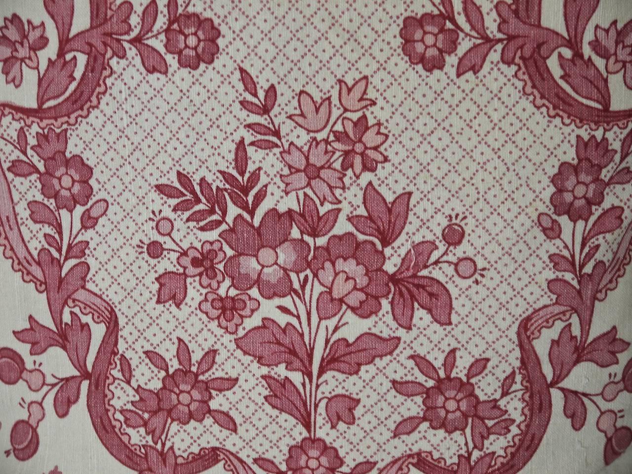  Pretty Red and Pink Floral Linen Pillow Antique French c.1920 In Good Condition In London, GB