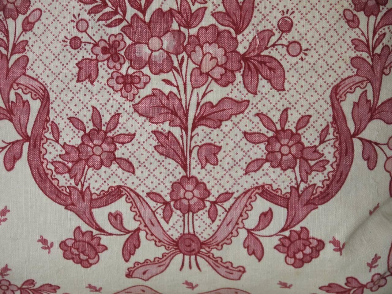 20th Century  Pretty Red and Pink Floral Linen Pillow Antique French c.1920